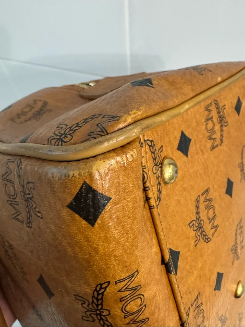 MCM Cognac Visetos Barrel Satchel with Gold Hardware